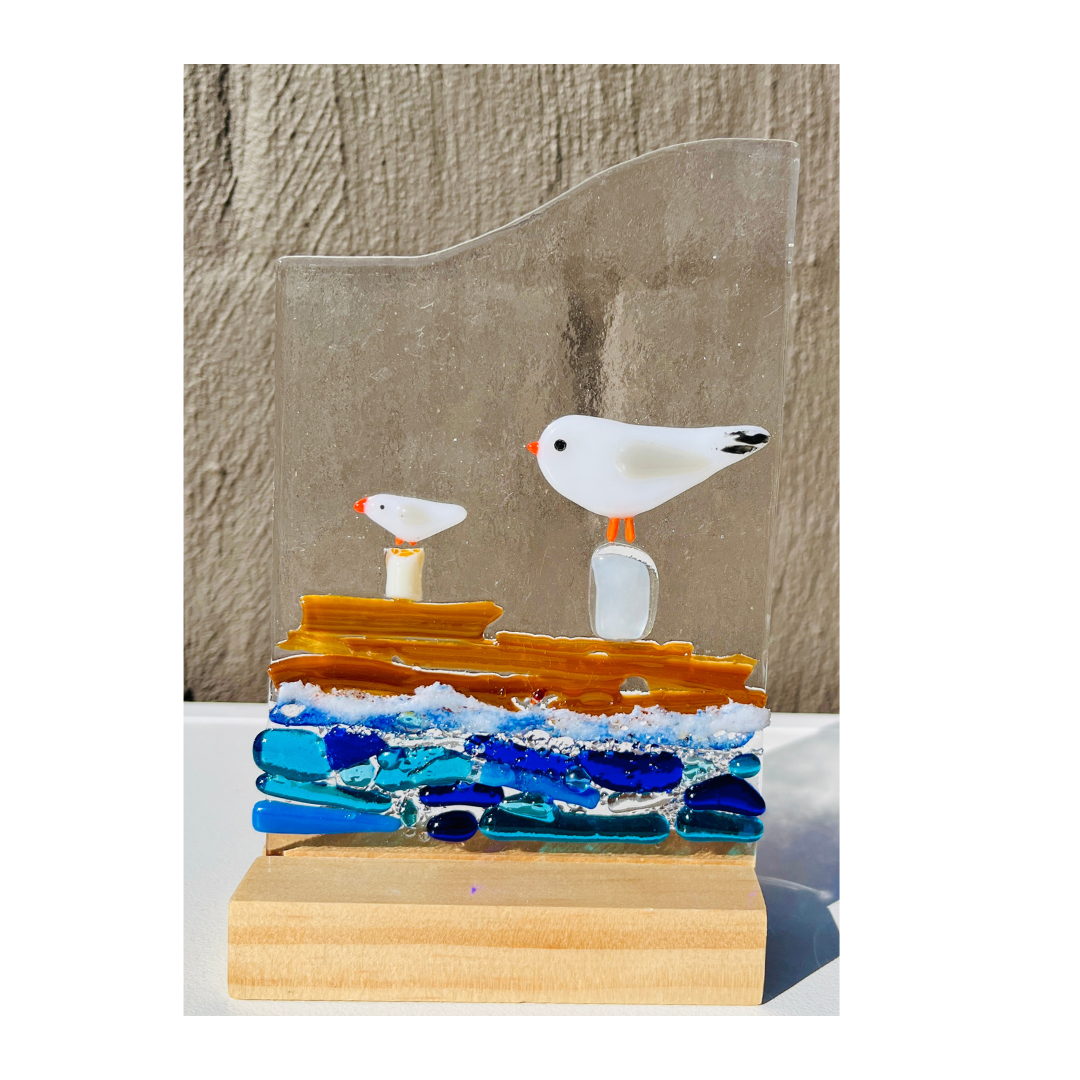 Handmade Fused Glass Seagull Scene – Free-Standing in Wooden Frame