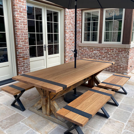 white oak outdoor tabletop and benches