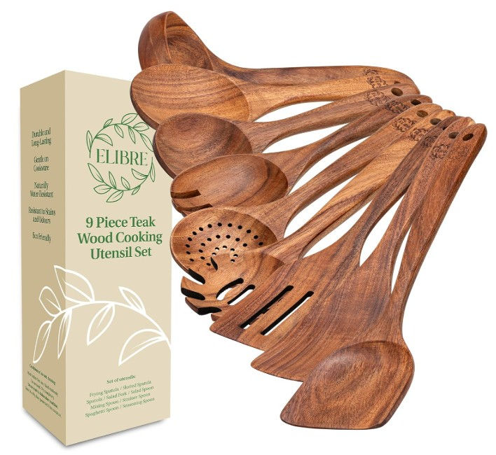ELIBRE 9 Piece Teak Wooden Utensil Set