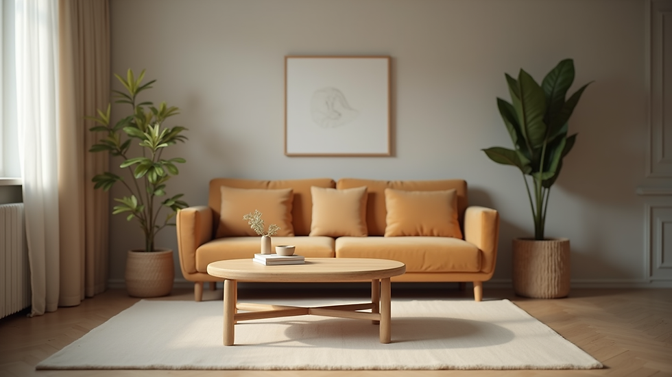 Eye-level view of a sustainable wooden furniture piece in a cozy living room