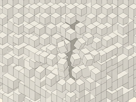 A precise geometric structure of interlocking blocks fracturing from a single internal point, the surrounding order intact while the centre quietly fails.
