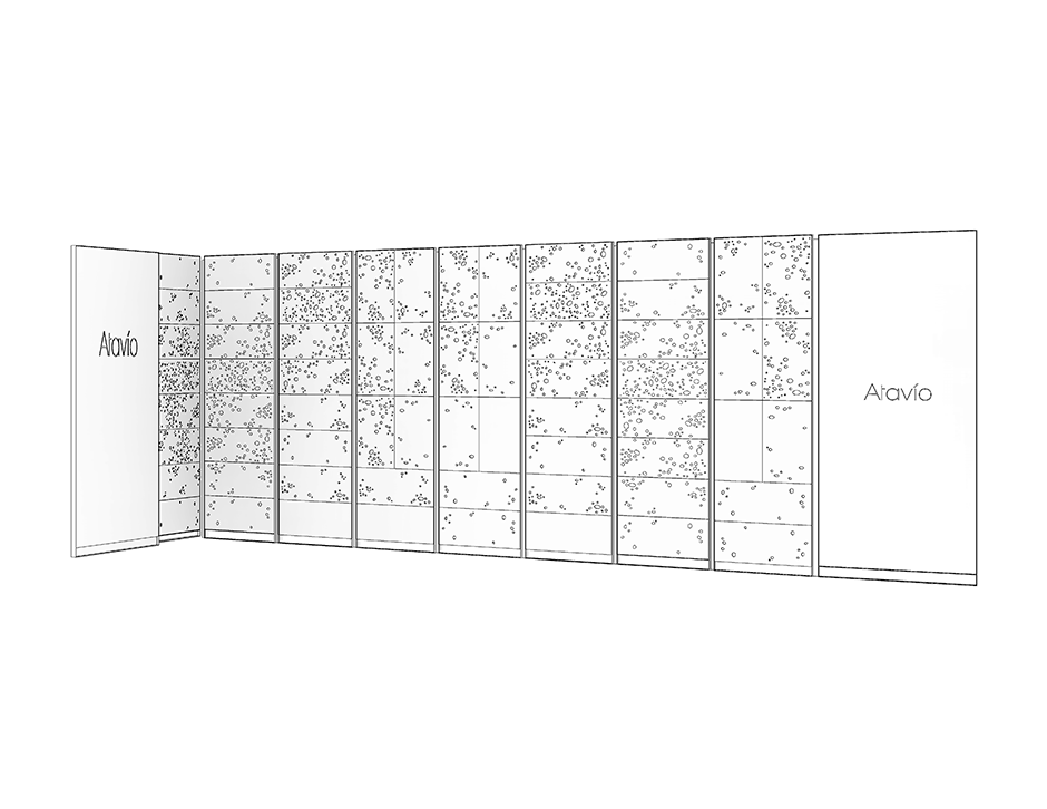 Render técnico de los paneles modulares decorativos del local Atavío en Quito, con diseño gráfico de puntos y señalética de marca diseñado por IKONEstudio.