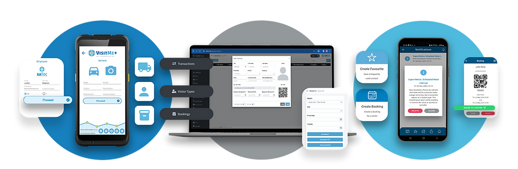 VisitMe handheld scanner, online portal, and mobile app displayed together, highlighting key visitor access control features like barcode scanning and pre-registration.