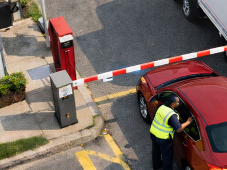 Guard at Office park entry gate scanning in a passenger with our VisitMe solution.