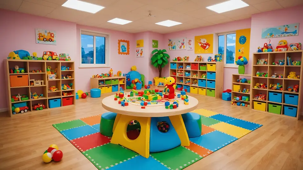 Wide angle view of colorful nursery play area equipped with toys