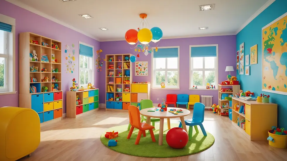 Eye-level view of a bright and colorful nursery classroom