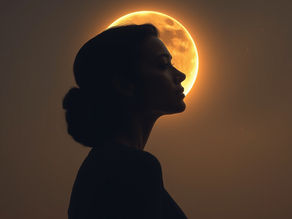 Woman standing calmly under a lunar eclipse with cosmic background symbolising emotional balance, detachment, and astrology guidance