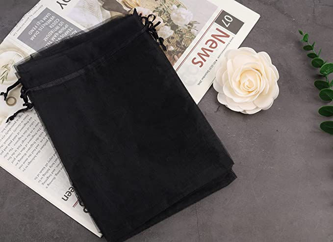Thumbnail: 50pcs Black Organza Bags 6x9 Inches Drawstring Gift Bags Mesh Gift Bags Sheer Or