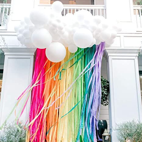 Thumbnail: Rainbow Party Decorations with White Balloon Garland and Rainbow Crepe Paper Str