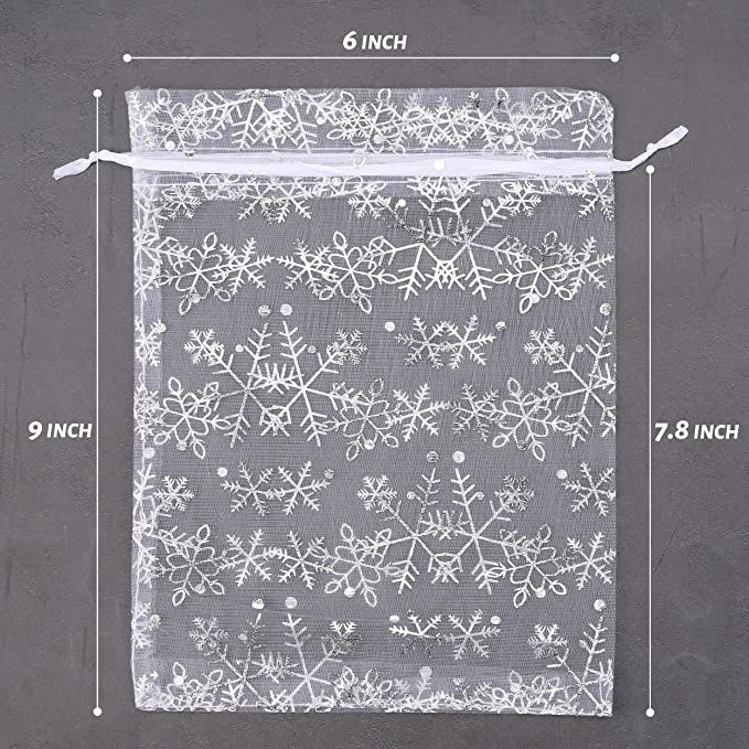 Thumbnail: 50pcs Organza Bags 6x9 inch Drawstring Christmas Gift Bags Snowflake Mesh Gift W