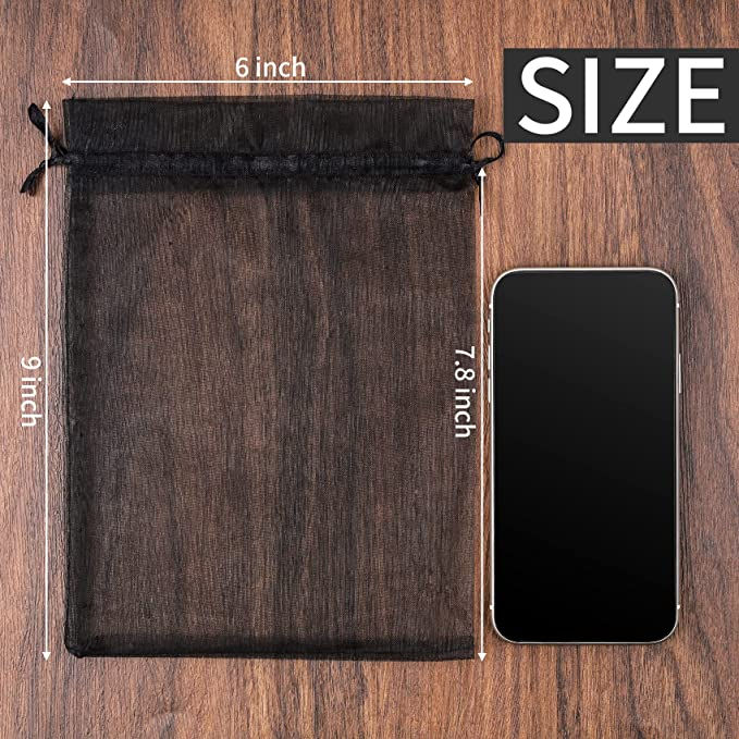 Thumbnail: 50pcs Black Organza Bags 6x9 Inches Drawstring Gift Bags Mesh Gift Bags Sheer Or