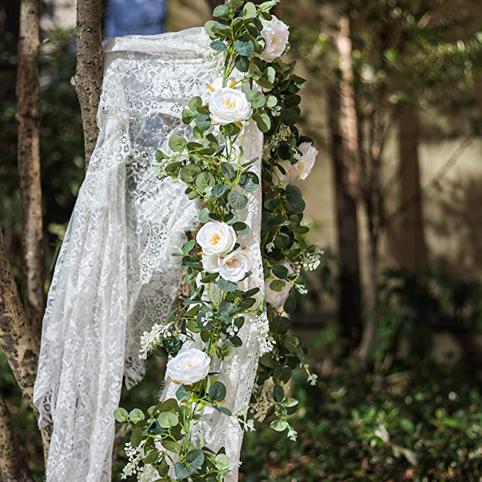 Thumbnail: 2 Pack Eucalyptus Garland with Roses, White Flower Garland Artificial Silk Flora