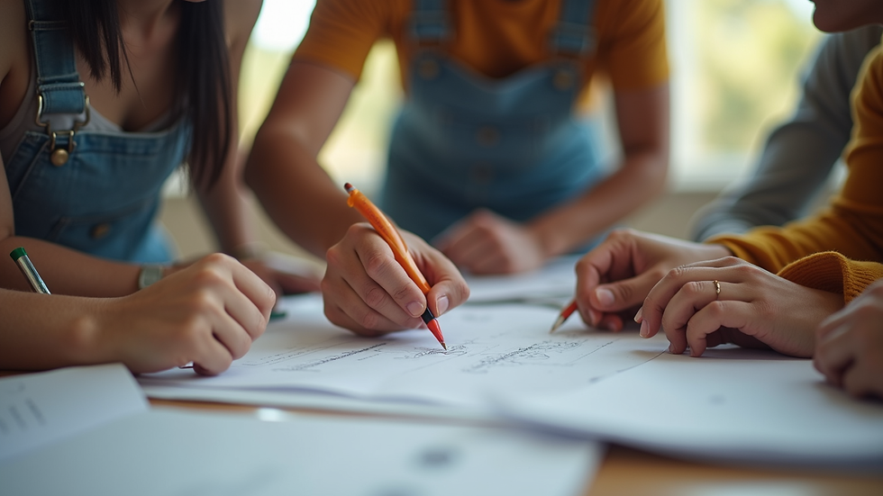 Close-up view of a nonprofit volunteer team planning a community event
