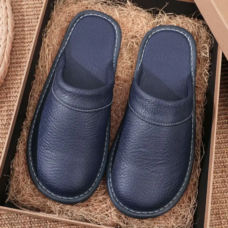 Miniature : Waterproof Faux Leather Slippers Men's Winter Indoor Fur Shoes Slippers Male