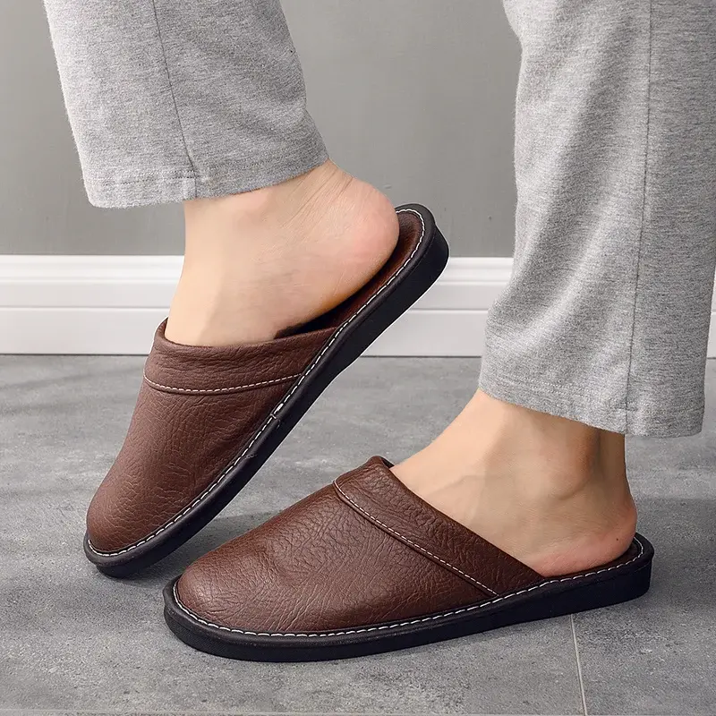 Thumbnail: Waterproof Faux Leather Slippers Men's Winter Indoor Fur Shoes Slippers Male