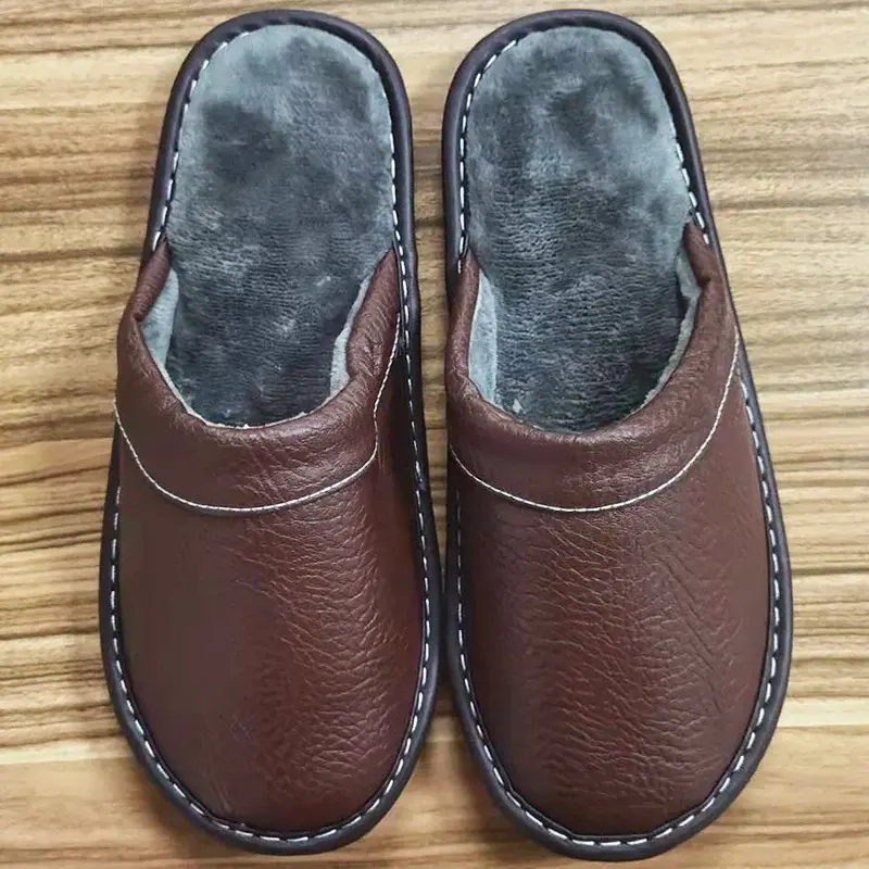 Thumbnail: Waterproof Faux Leather Slippers Men's Winter Indoor Fur Shoes Slippers Male