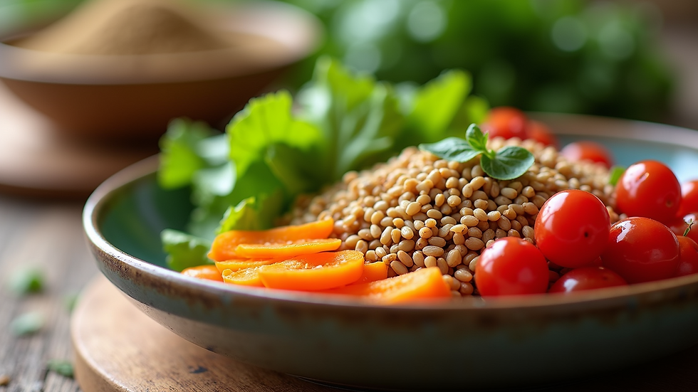 Eye-level view of a colorful bowl of fresh vegetables and grains