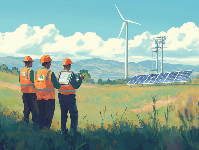 Scena plenerowa na wsi, gdzie dwóch inżynierów i techników zebrało się wokół iPada, przeglądając plany projektu na ekranie cyfrowym. Dyskutują o innowacyjnych rozwiązaniach w zakresie energii odnawialnej, symbolizowanych przez małą turbinę wiatrową i panele słoneczne widoczne w tle. Obraz powinien przekazywać poczucie współpracy i innowacji technologicznej, z profesjonalistami ubranymi w kamizelki ochronne i kaski, stojącymi na trawiastym polu z czystym niebem nad głową.