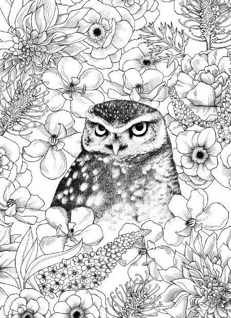 Owl and Flowers black and white PRINT