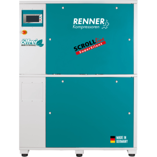 Product image of a RENNER scroll compressor unit, teal and white industrial machine, front view, suitable for showcasing oil-free scroll compressor equipment