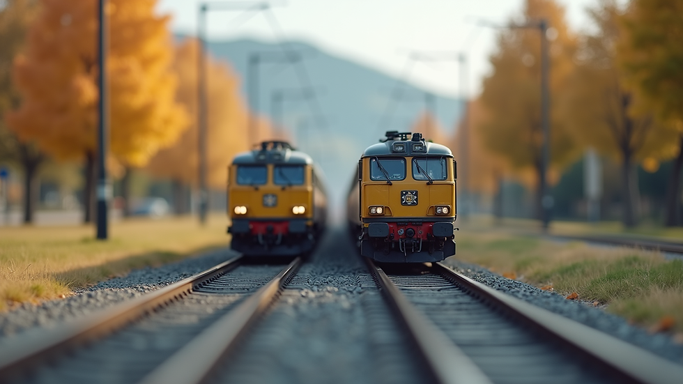 Close-up view of a 3D-printed model railway with precise details