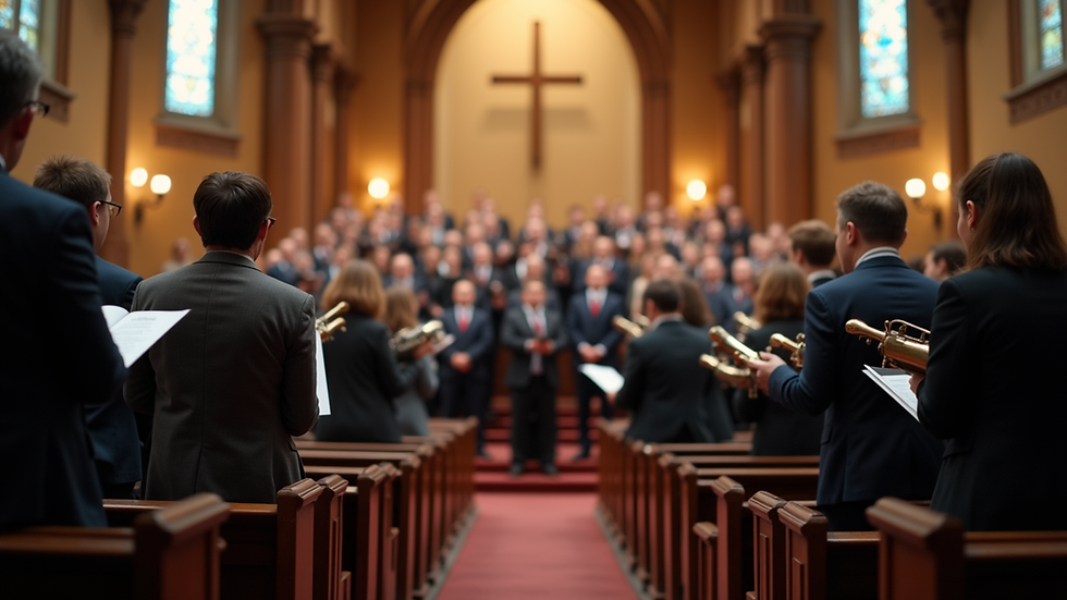 Eye-level view of a church choir rehearsal with musicians and singers