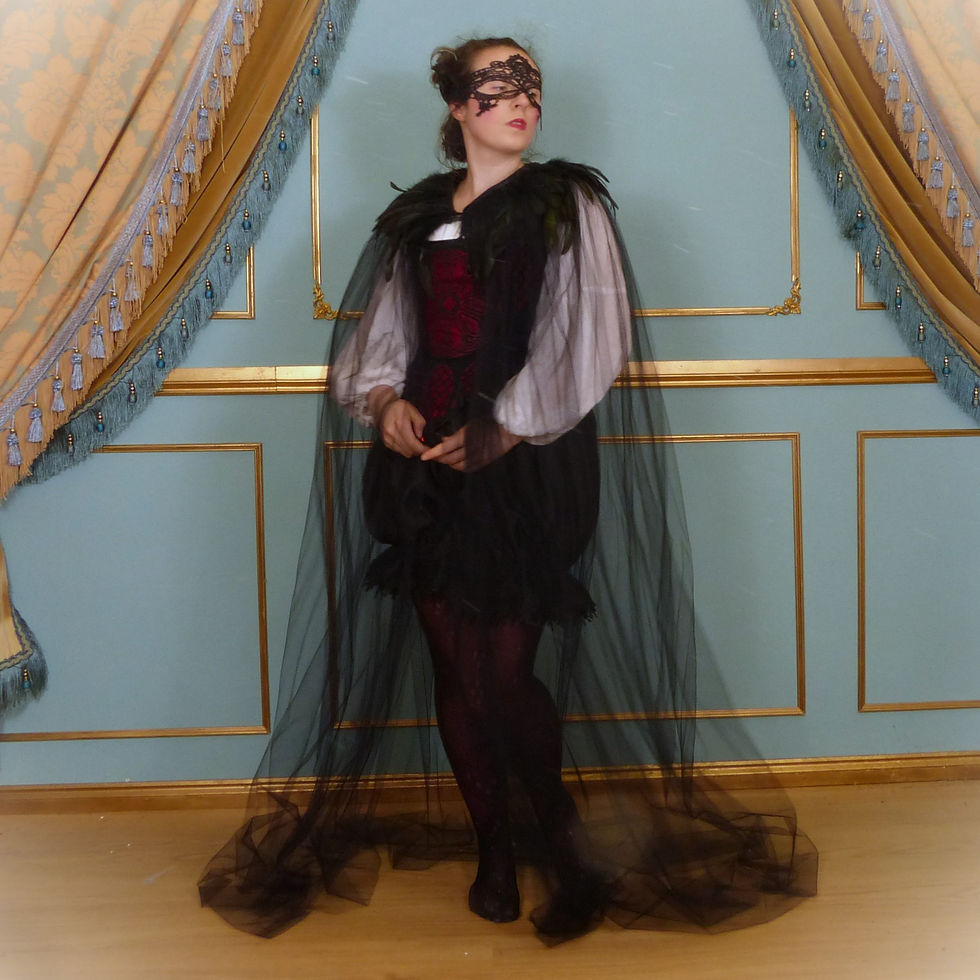 Thumbnail: Evil Queen Gothic Fantasy Tulle Net Feather Cloak For Costume and Dress Up Event