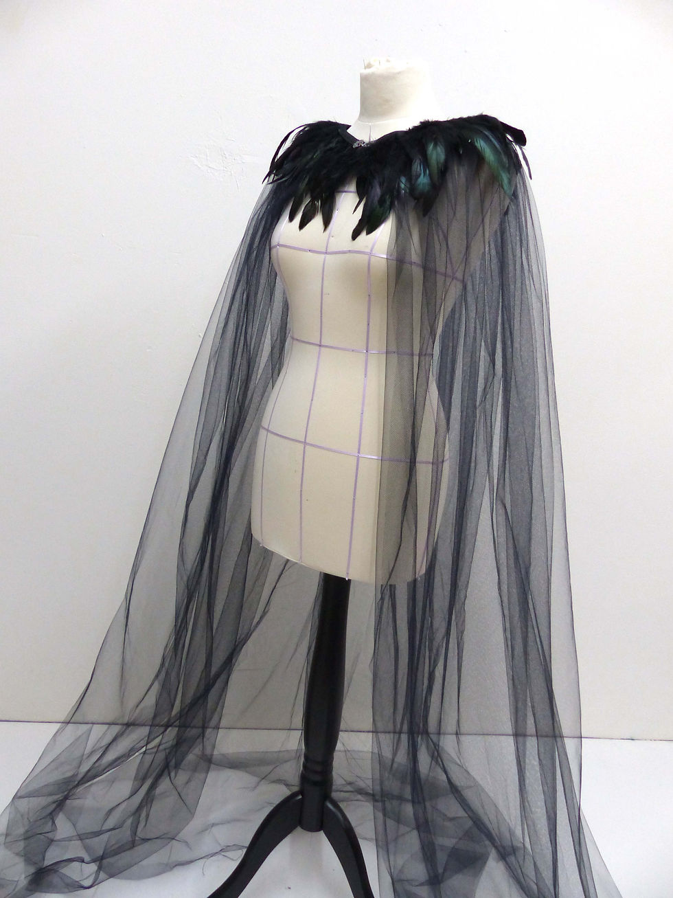 Thumbnail: Evil Queen Gothic Fantasy Tulle Net Feather Cloak For Costume and Dress Up Event