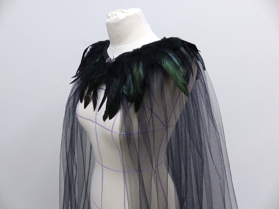 Thumbnail: Evil Queen Gothic Fantasy Tulle Net Feather Cloak For Costume and Dress Up Event
