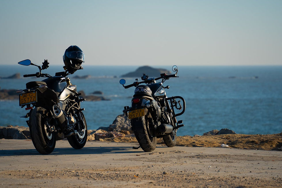 Two motorcycles parked by a seaside cliff under a clear sky. One helmet on a bike. License plates visible. Calm, scenic coastal view.