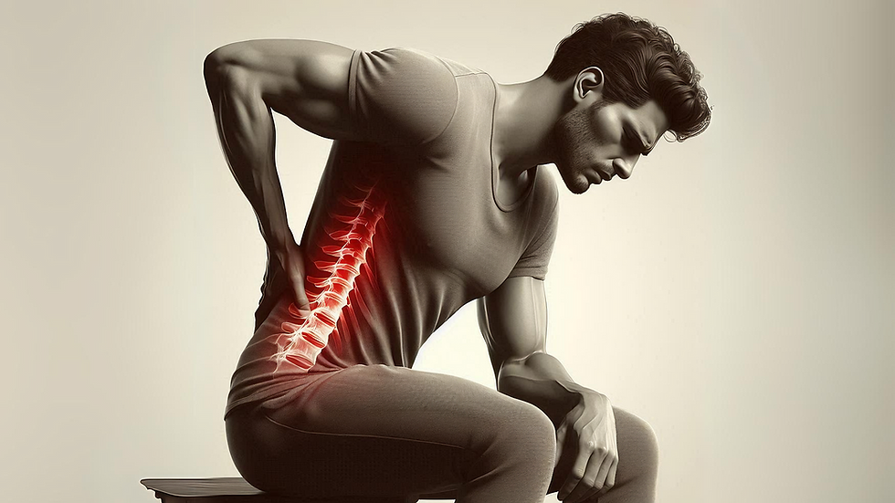Man sitting, clutching his lower back in pain, spine illustrated in red. Neutral background. Mood: discomfort.
