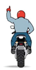 Person on motorcycle gives a thumbs-up, wearing a red helmet and blue jacket. Rear view on white background, suggesting motion.