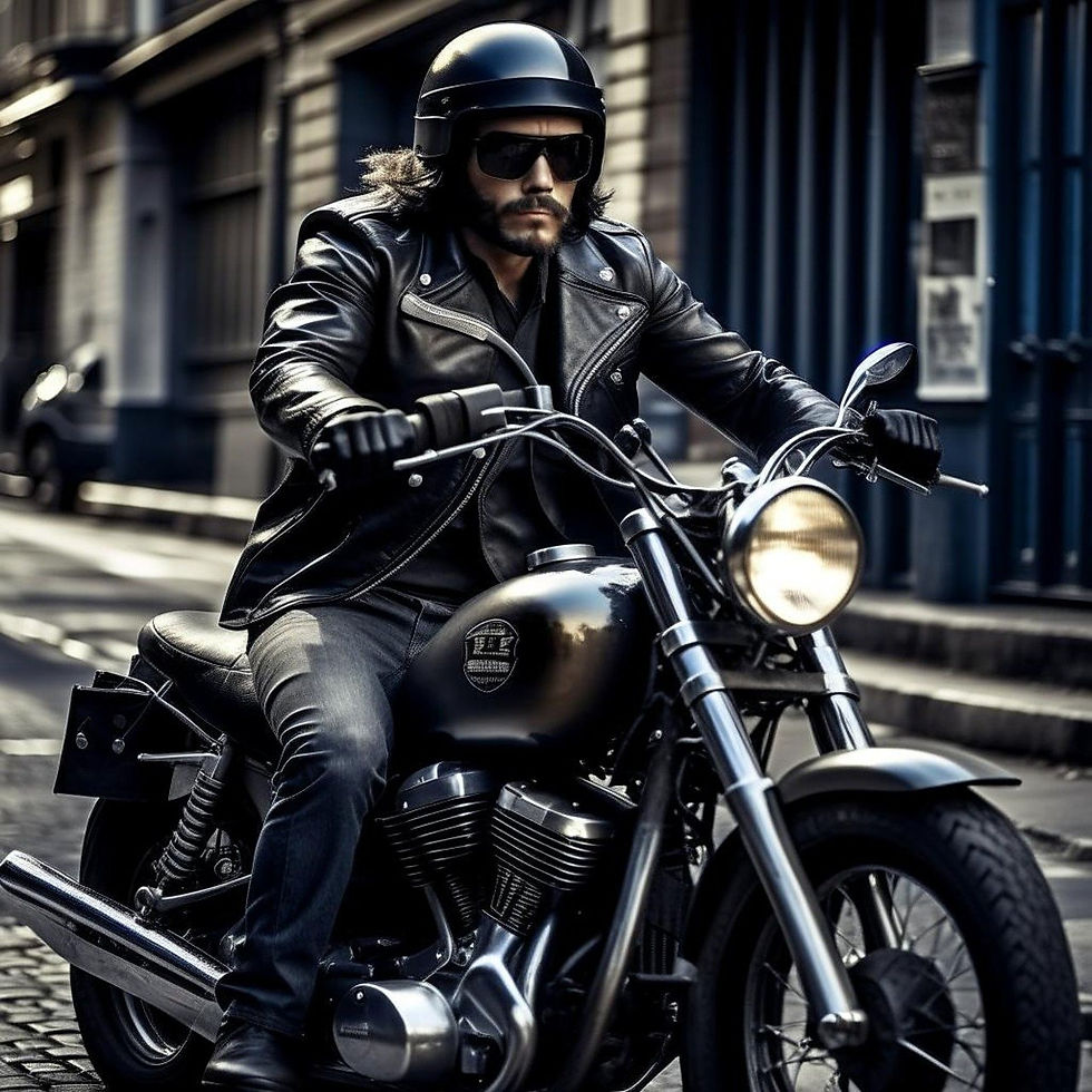 Man in black leather jacket and helmet rides motorcycle on city street. Background has brick buildings. Mood is adventurous and bold.