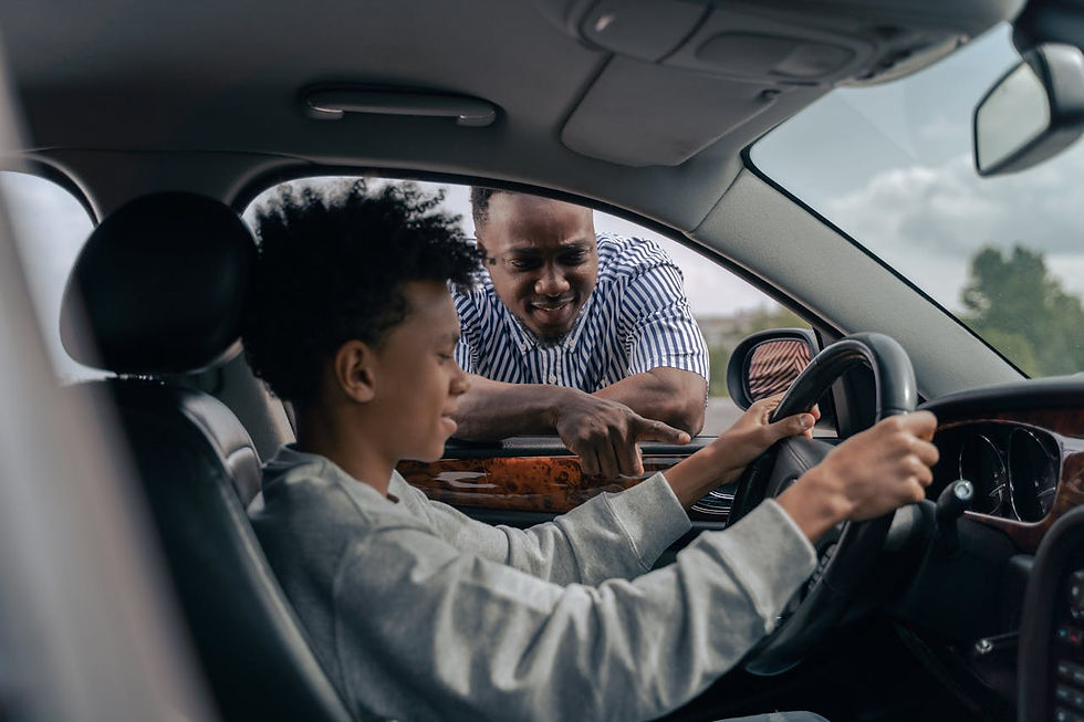 Teen in driver’s seat, older man leaning on car window, pointing. Inside a car with a sunny, green background. Teaching moment.