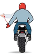 Motorcyclist in red helmet and blue shirt signals a left turn with arm extended. Rear view, white background, calm setting.