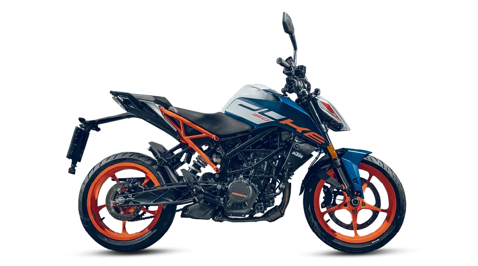 Blue and orange motorcycle with "DUKE 160" text, vibrant orange wheels, exposed framework, and a sleek, sporty design on a plain background.