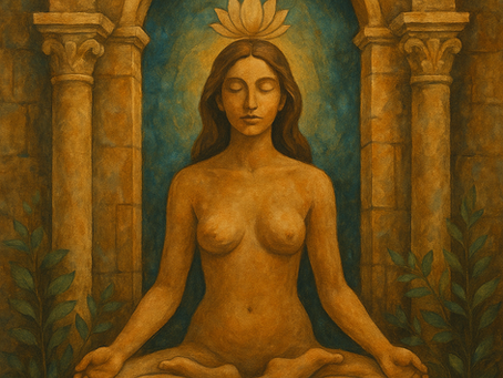 Femme en méditation dans un temple ancien, en position du lotus, entourée de colonnes et de végétation, dans un style de peinture sacrée à l'huile.