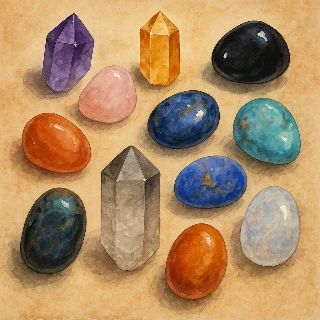 Illustration artistique de dix pierres naturelles – améthyste, quartz rose, citrine, obsidienne, cornaline, labradorite, quartz fumé, lapis-lazuli, turquoise et pierre de lune – posées sur un fond parcheminé, symbolisant leur pouvoir vibratoire.