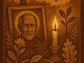 Illustration automnale symbolique représentant la mémoire des ancêtres et la Terre : portrait ancien, bougie allumée, végétation et pleine lune dorée, dans une ambiance spirituelle et naturelle.