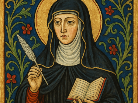 Portrait médiéval d’Hildegarde de Bingen avec auréole dorée, tenant une plume et un livre, sur un fond orné de motifs floraux stylisés.