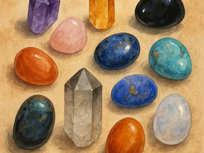 Illustration artistique de dix pierres naturelles – améthyste, quartz rose, citrine, obsidienne, cornaline, labradorite, quartz fumé, lapis-lazuli, turquoise et pierre de lune – posées sur un fond parcheminé, symbolisant leur pouvoir vibratoire.