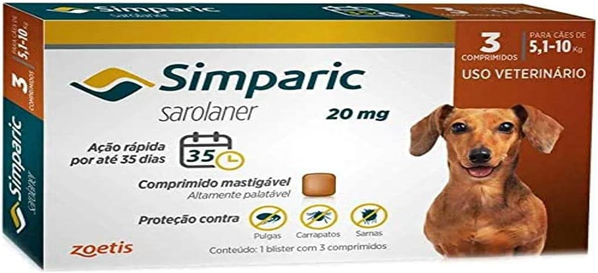 Simparic 20mg, 5,1 até 10kg, 03 Compr Zoetis para Cães