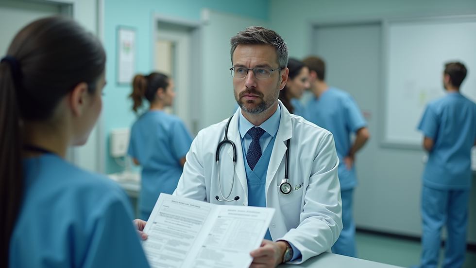 High angle view of a respiratory therapist reviewing patient charts in a hospital setting