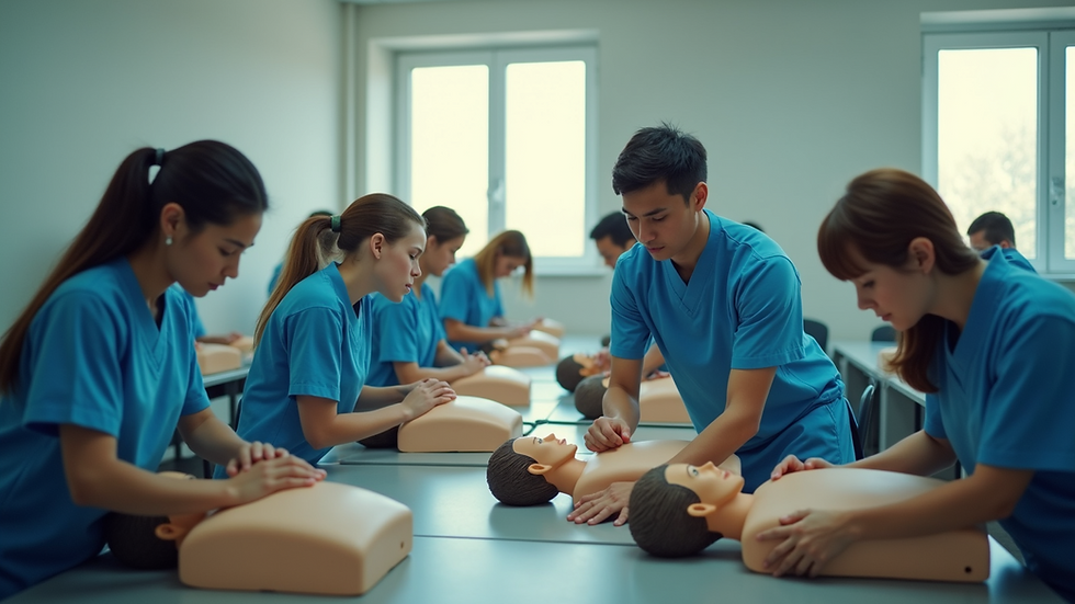 High angle view of a classroom with students practicing CPR on mannequins