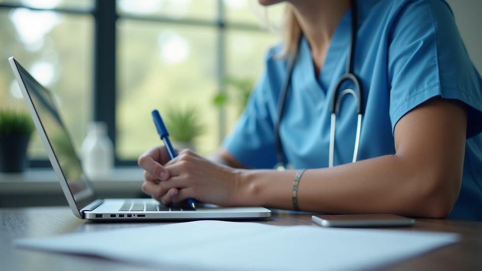 Eye-level view of a respiratory therapist taking notes during an online class