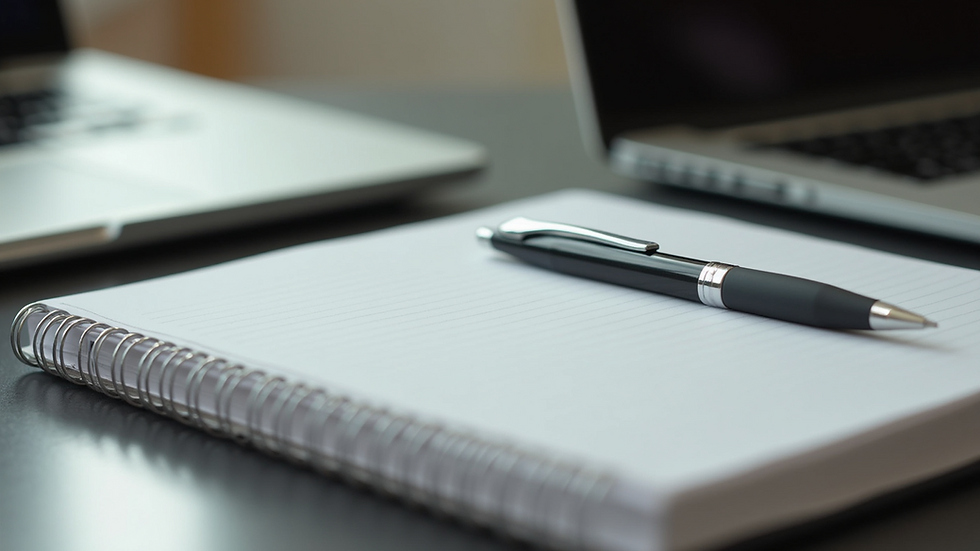 Close-up of a notepad and pen on a desk