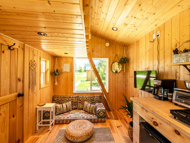 Bright cabin interior with boho decor, large sunlit window, wall TV, and cooking area at Boho Beaver.