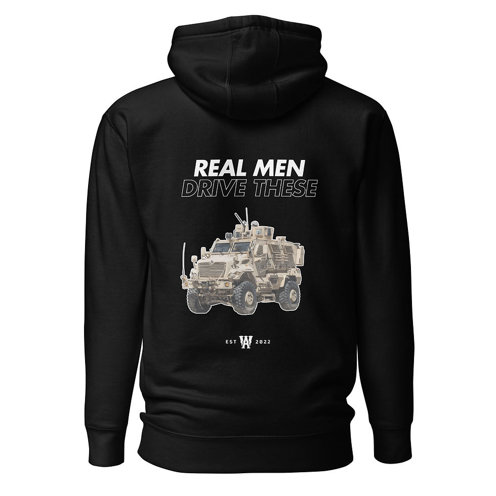 Army Warhog hoodie featuring a bold illustration of the M1224 MaxxPro military vehicle with the text 'Real Men Drive These