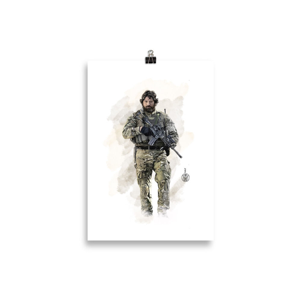 Unframed artwork of operator Willie Apiata, a symbol of courage and national pride, on thick matte paper for a display