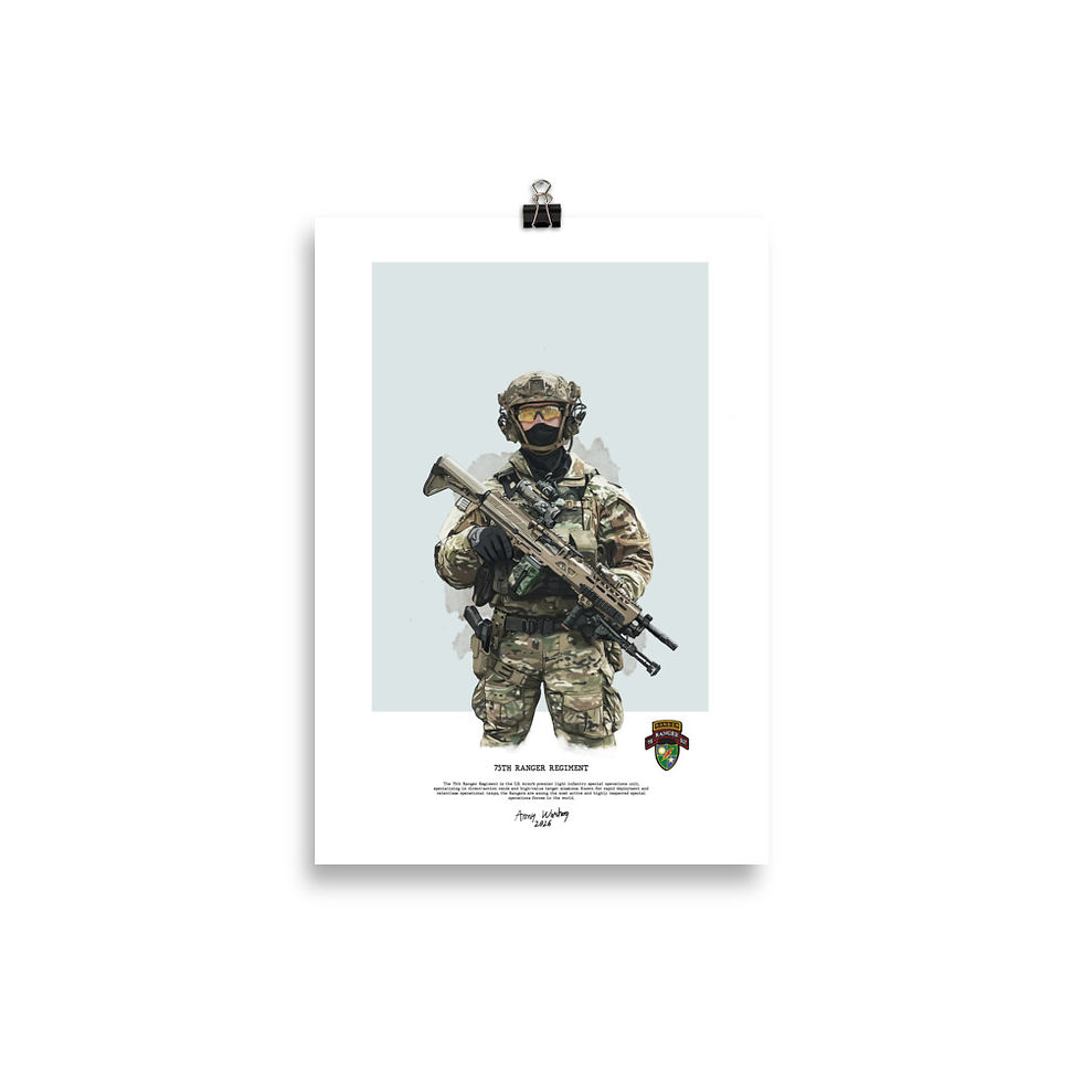 Unframed artwork of the 75th Ranger Regiment, showcasing the U.S. Army's elite light infantry special operations unit.